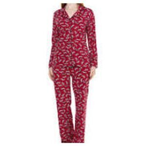 ECHO NWT Festive Zebra Notch Pajamas Long Sleeve Button Top Pants Set PJs Red L